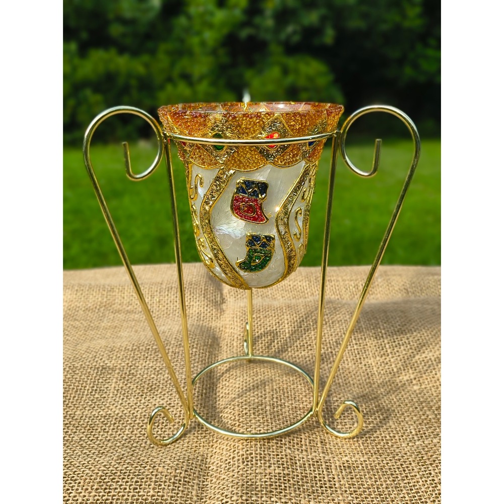Christmas Stocking Votive Candle Holder with Gold Wire Stand Jewel Accents